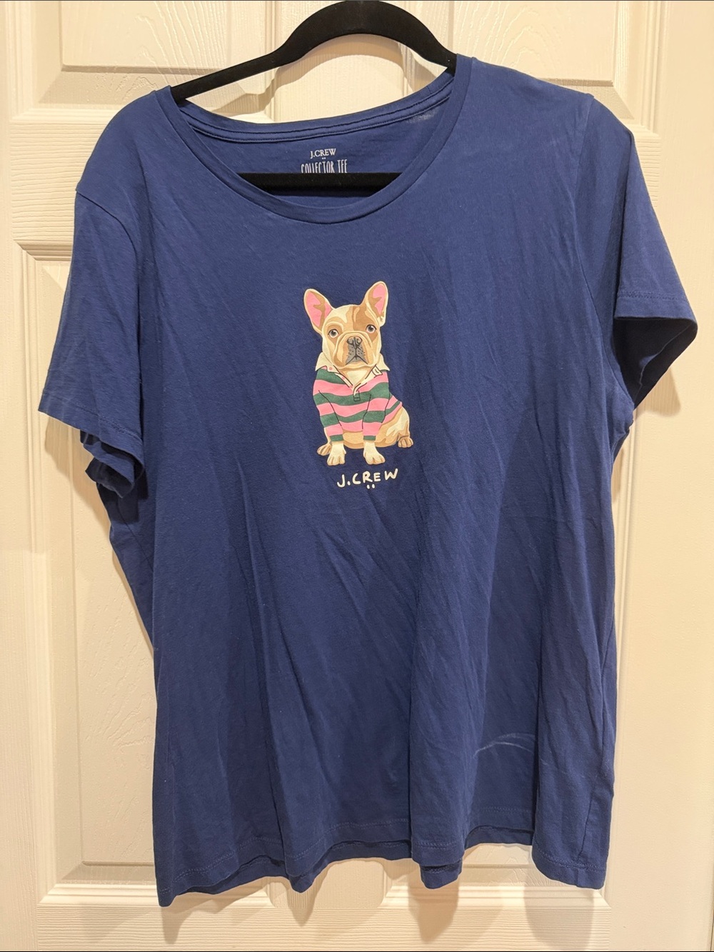 J. Crew Collectors Tee - Navy Blue T-Shirt with Striped Sweater Bulldog Graphic